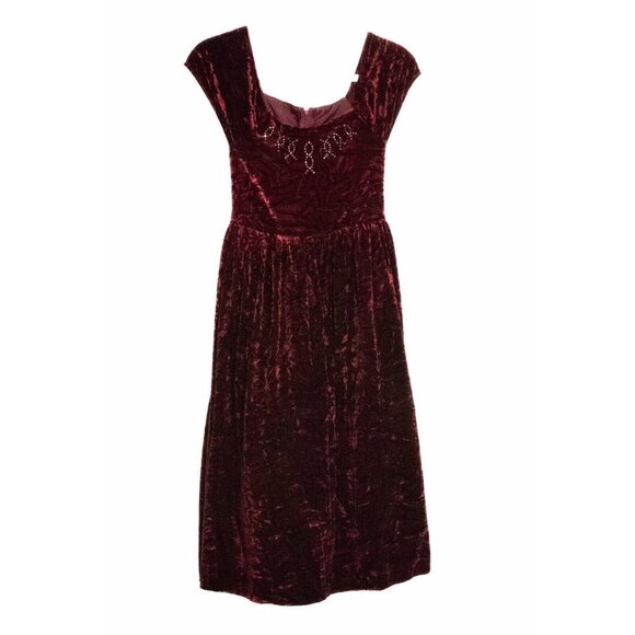 Kiki Kids Girls Wine Red Velvet Midi Dress Scoop Neck Zip Tie Back Cap Sleeve 12 - Picture 1 of 5
